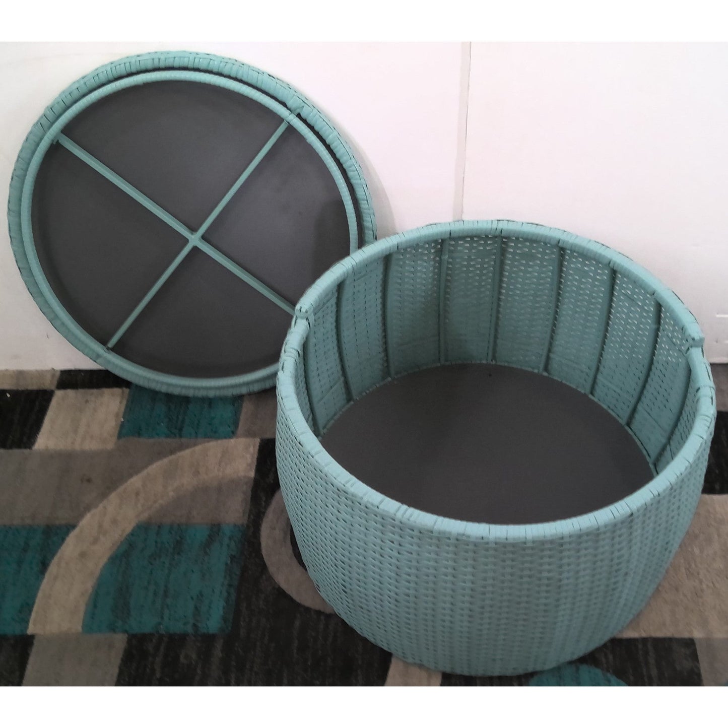 Blue Wicker Round Storage Ottoman