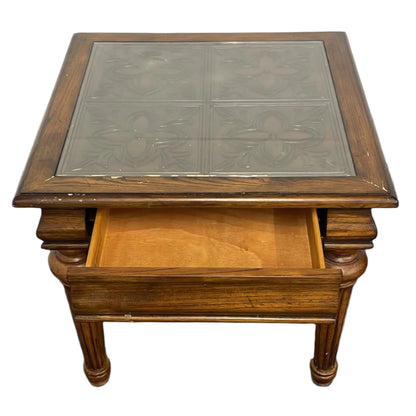 Vintage Single-Drawer Inlaid Glass End Table