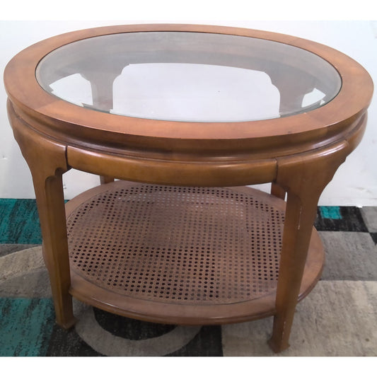 Oval End Table with Glass Top and Wicker Bottom