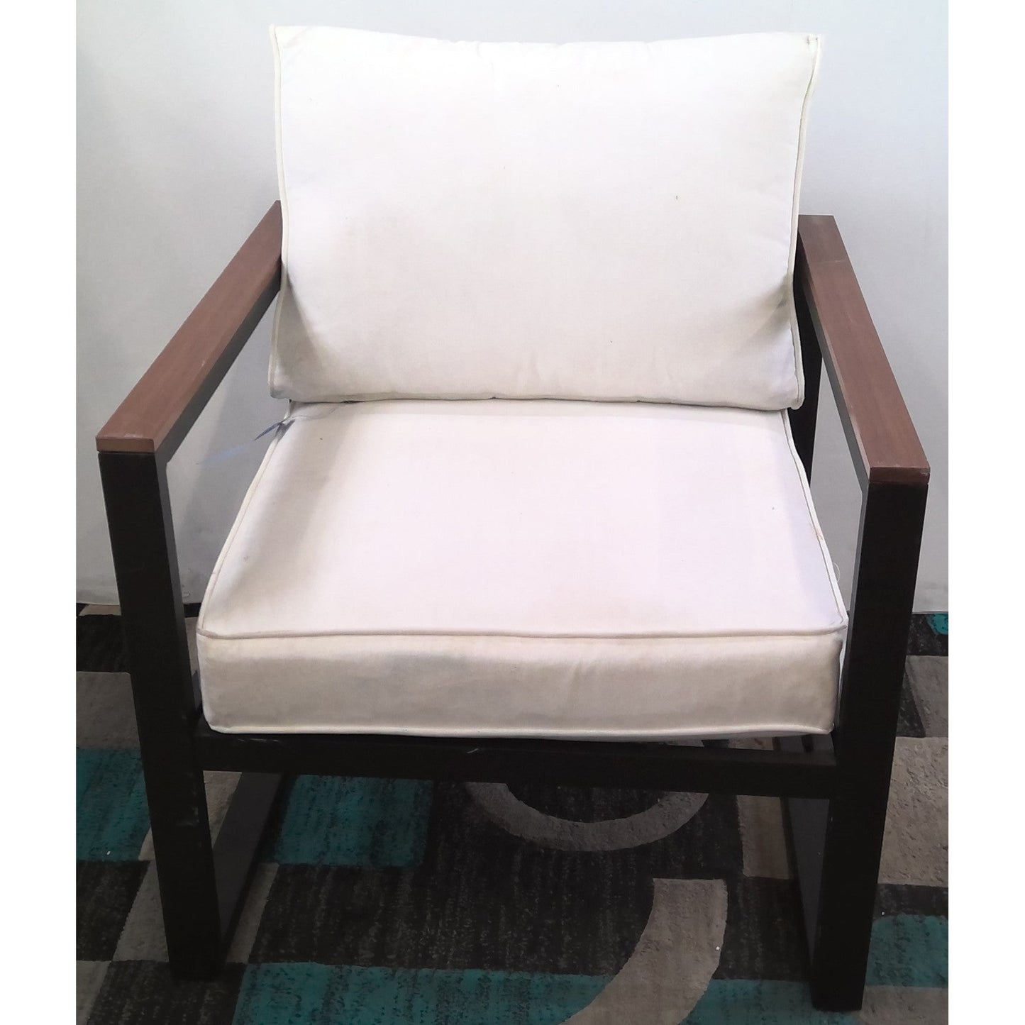 Outdoor Metal Armchair with White Cushions