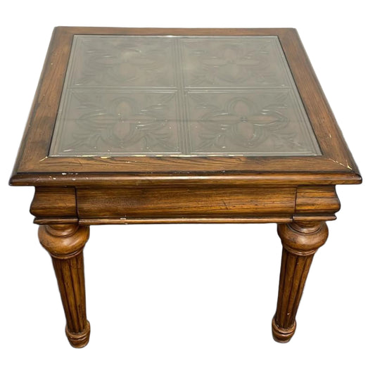 Vintage Single-Drawer Inlaid Glass End Table